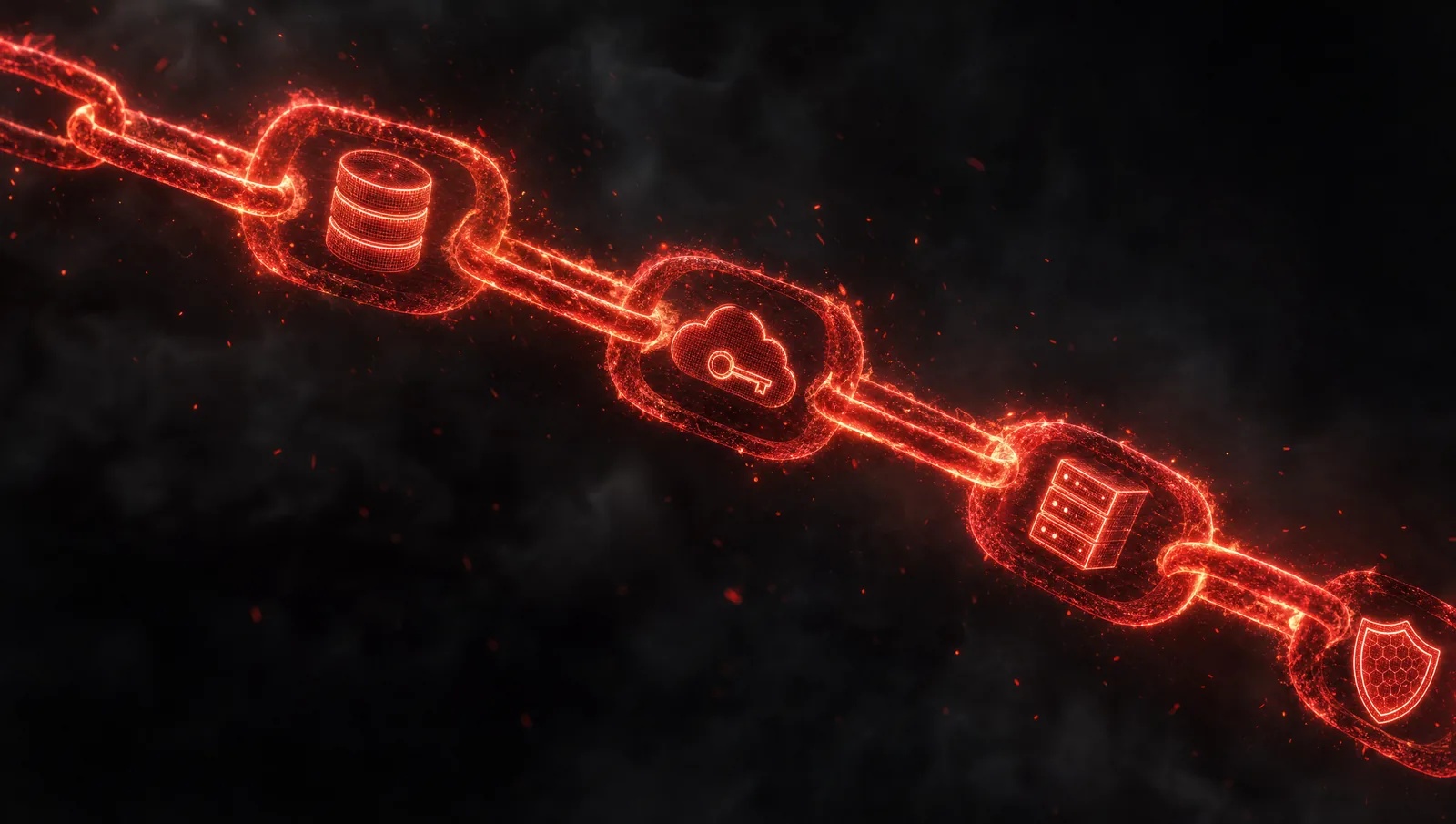 A chain of glowing links, each igniting the next, morphing into database, key, server and shield icons