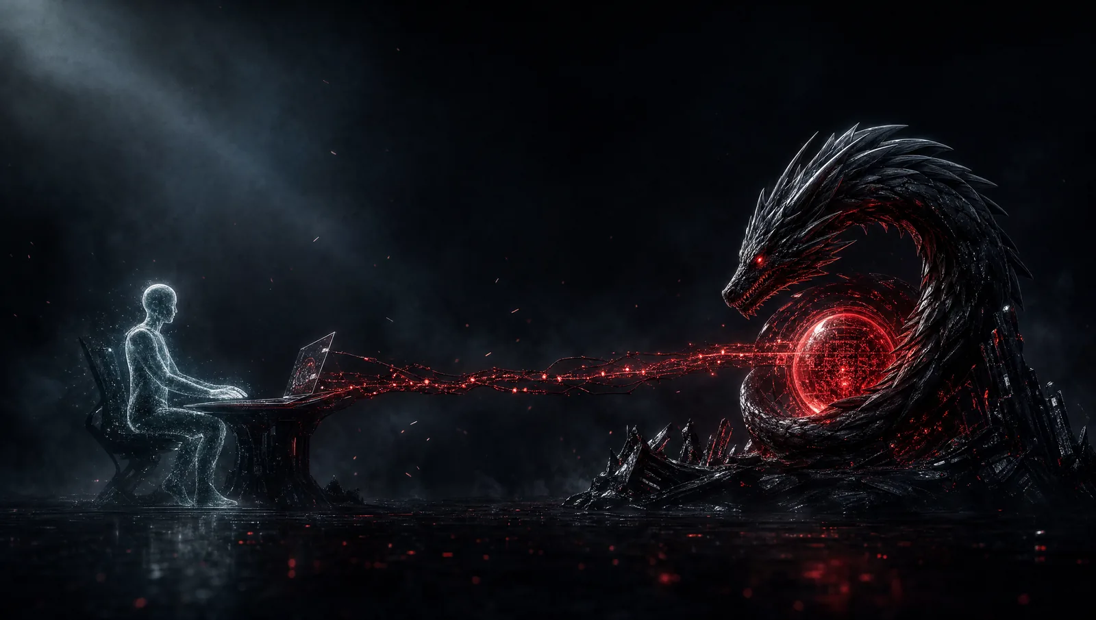 A human silhouette and the AI dragon-core connected by a bridge of light, collaborating