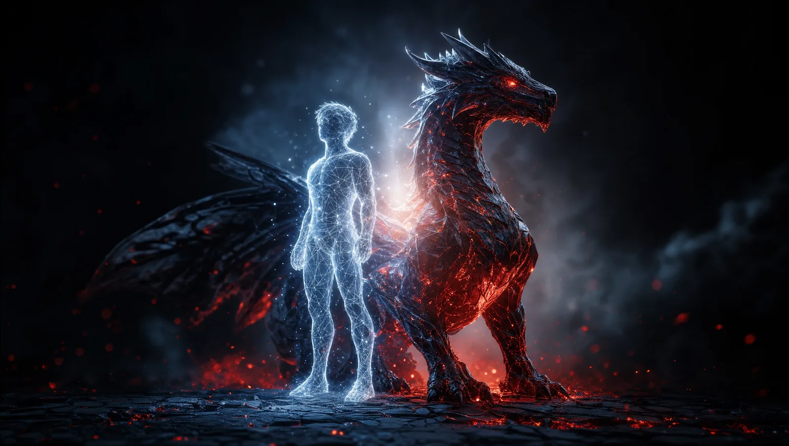 A cool-blue human wireframe and the obsidian red dragon standing side by side as allies