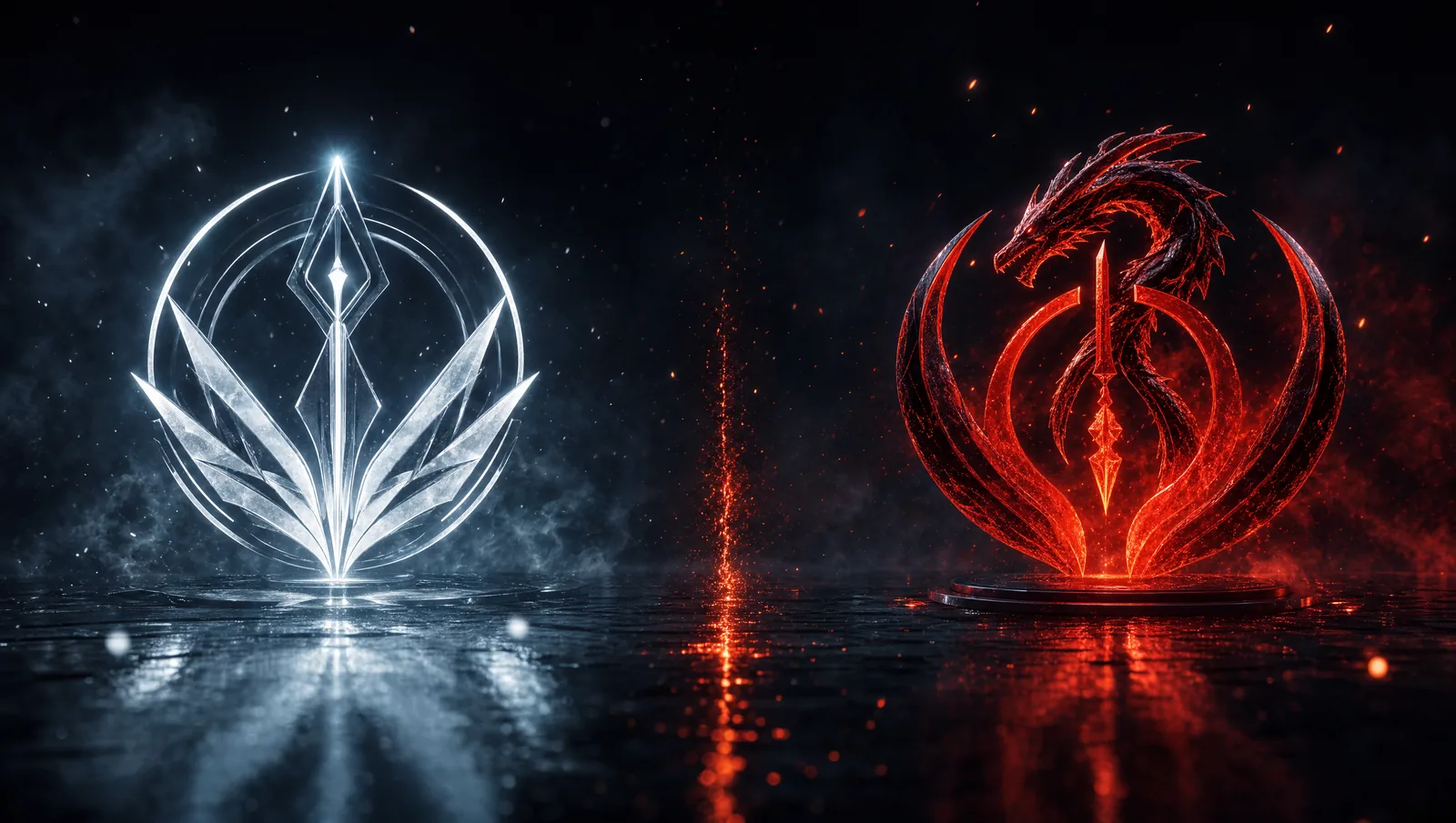 A cool-white human crest facing a molten-red dragon sigil, a line of sparks between them