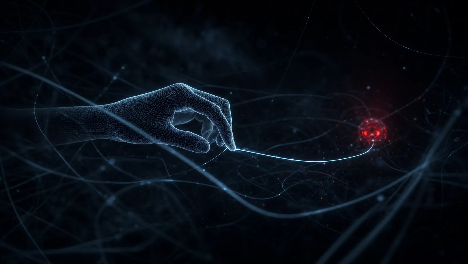 A cool-blue human hand pulling one unexpected glowing thread from many