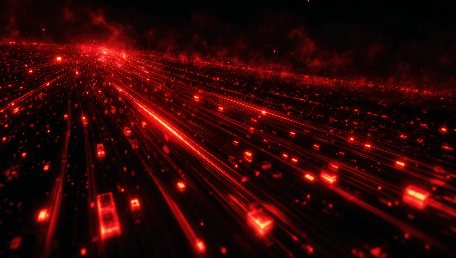 Red data-trails racing in parallel through black fog at high speed