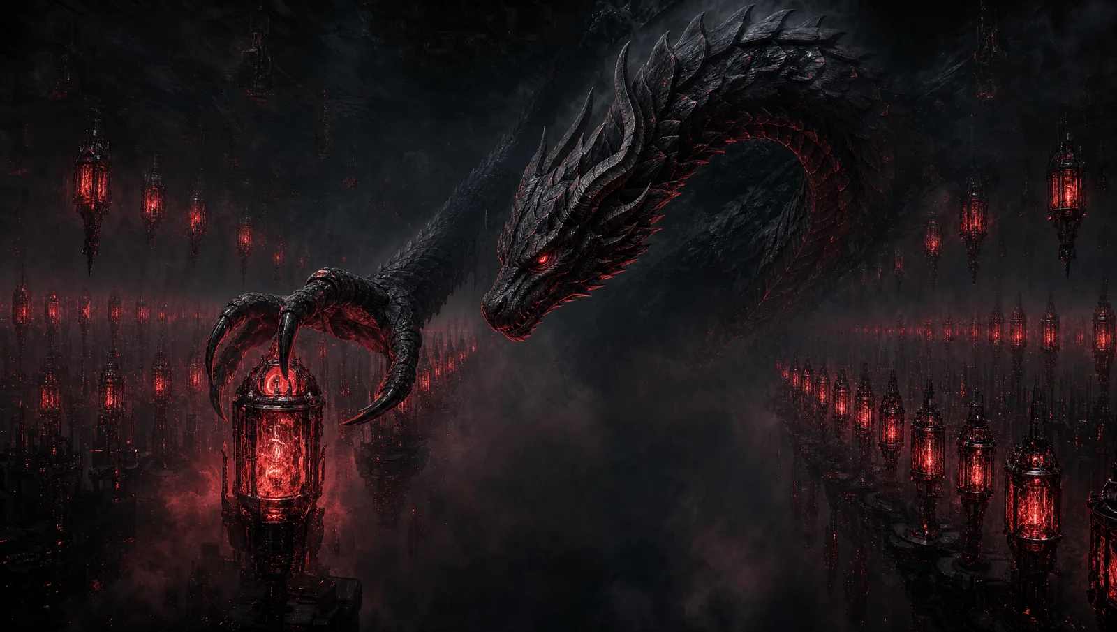 An obsidian dragon reaching across a vault of glowing objects to seize one that is not its own