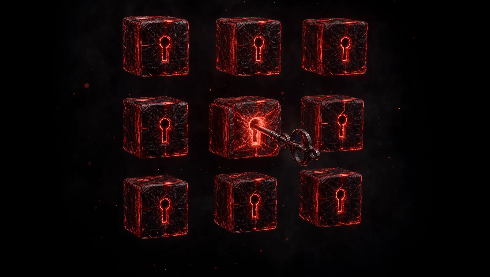 A grid of identical locked objects, one being opened by a mismatched key