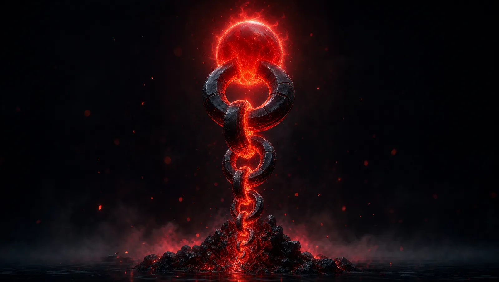 A rising chain of glowing red links, each larger than the last, escalating to a bright core