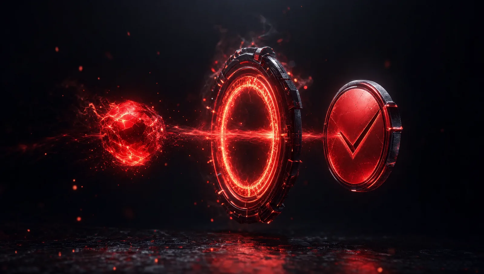 A red vulnerability node passing through a verification ring and becoming a sealed medallion