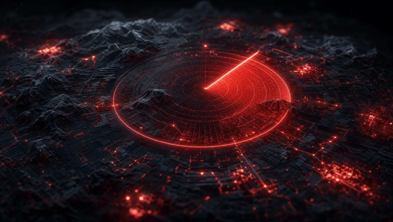 A red radar sweep revealing hidden glowing nodes across a dark terrain