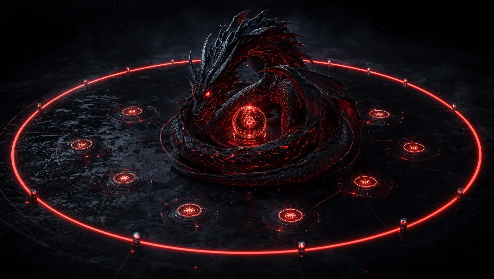 A glowing red perimeter ring defining an authorized zone, targets active only inside it