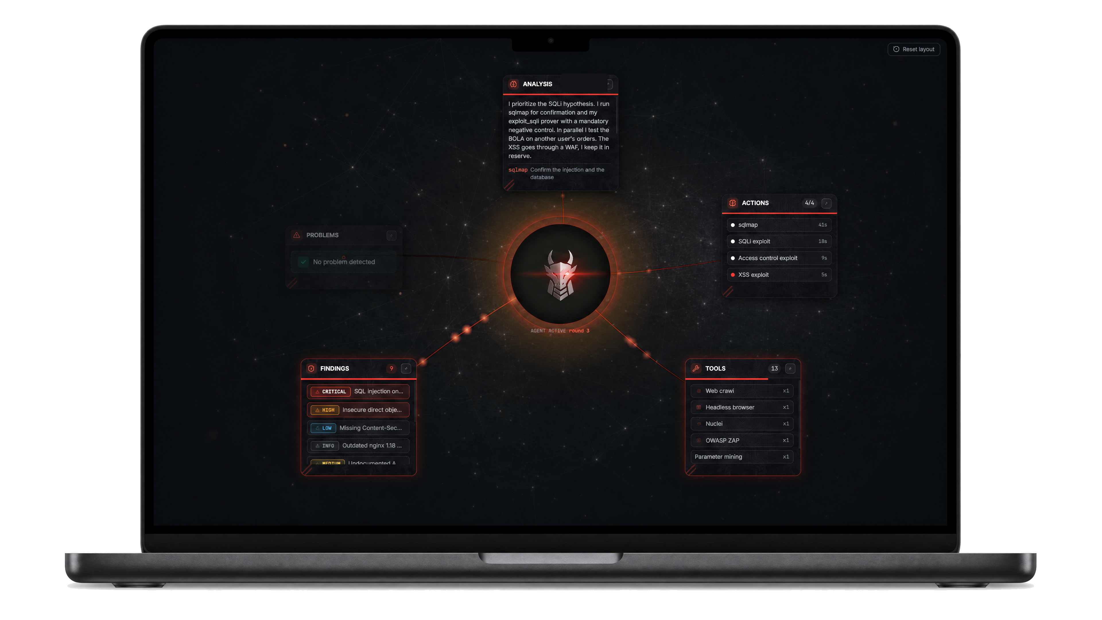 PenStrike live console: analysis, actions, findings and tools around the agent
